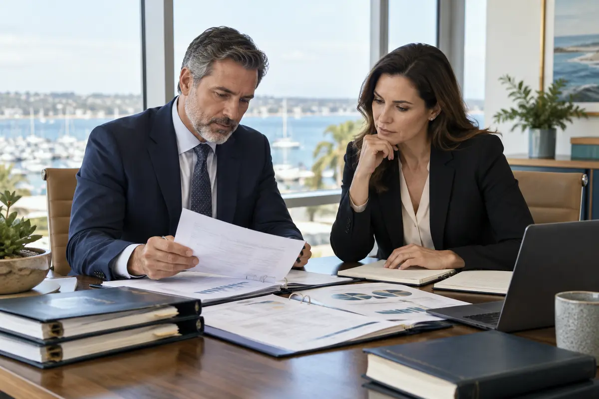 CPA and attorney reviewing organized financial exhibits for a South Florida business dispute