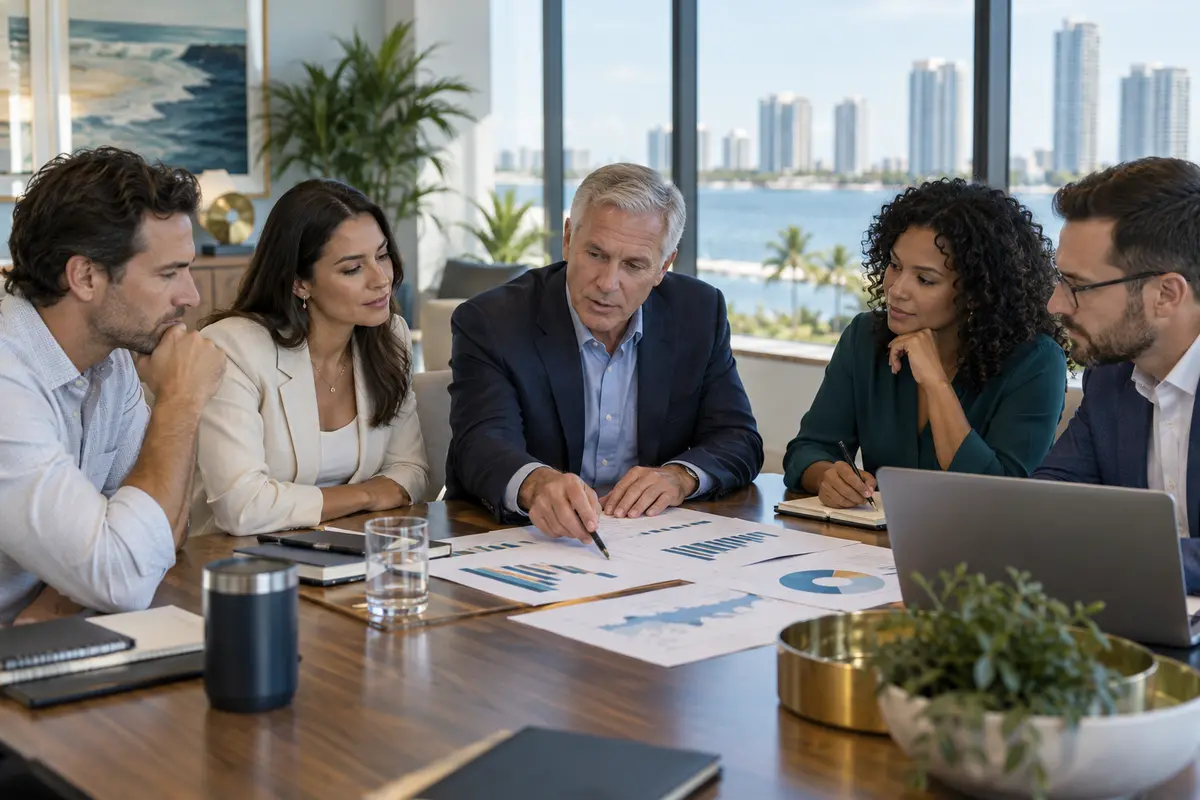 Growing South Florida company leadership team reviewing budgets, forecasts, and performance indicators with a part-time CFO