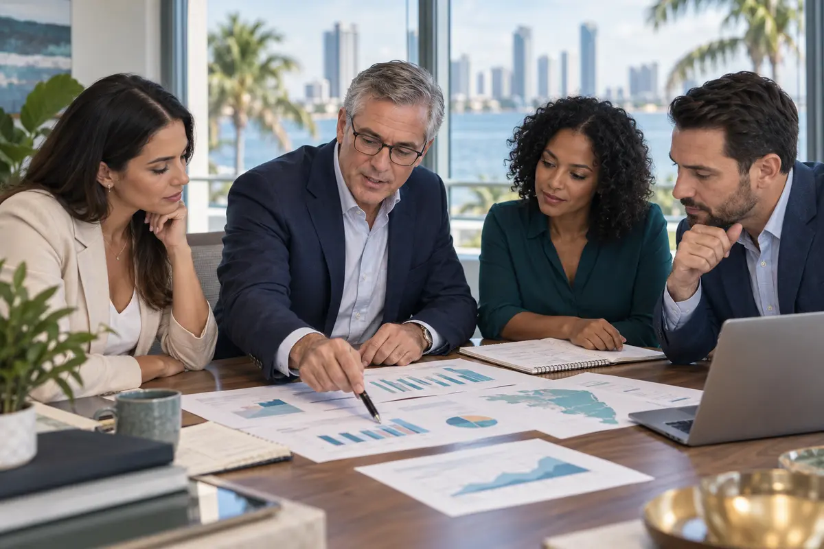 South Florida leadership team mapping a strategic business plan with financial forecasts